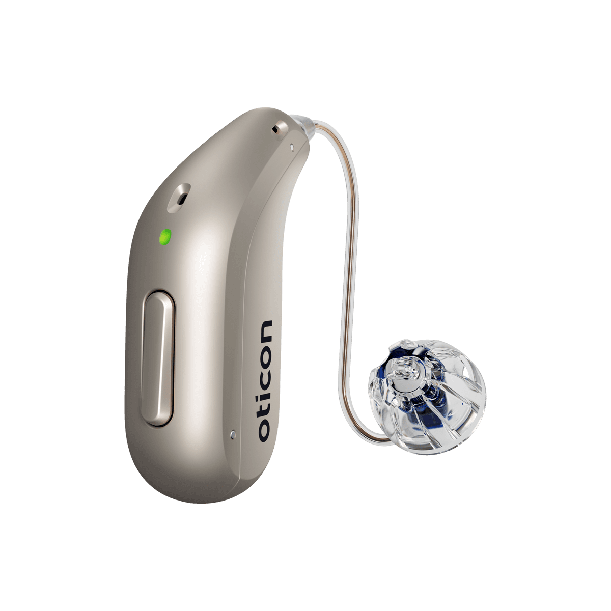 Oticon Reveal miniRITE R rechargeable hearing aid in a beige finish.