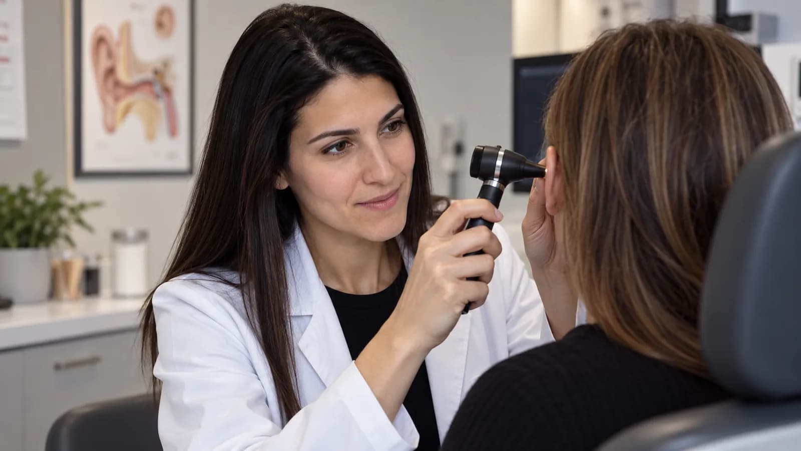 Audiologist examining a patient's ear with an otoscope