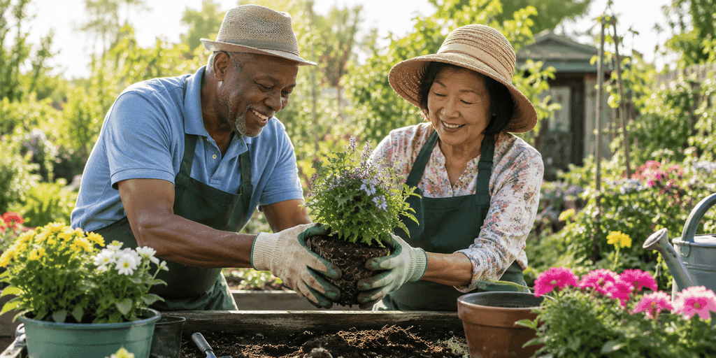 Older adults gardening together while staying connected through better hearing