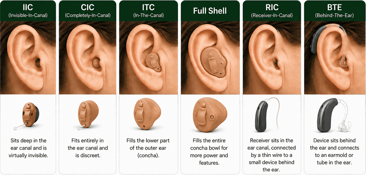 Chart comparing in-ear, receiver-in-canal, and behind-the-ear hearing aid styles