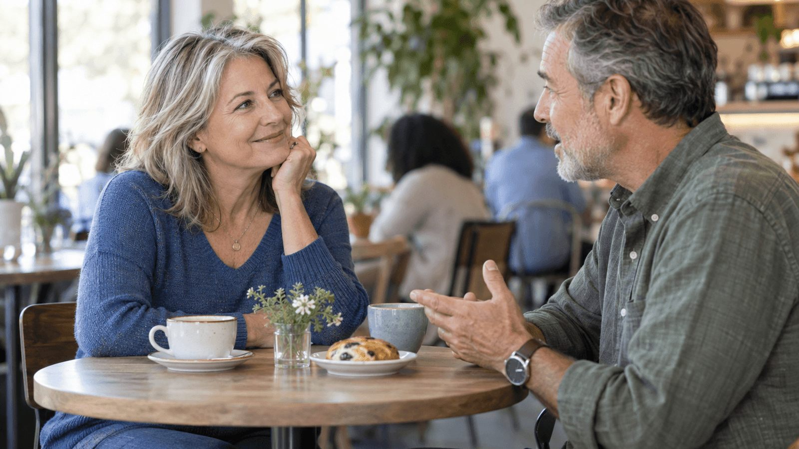 Two adults share a conversation at a bright café.