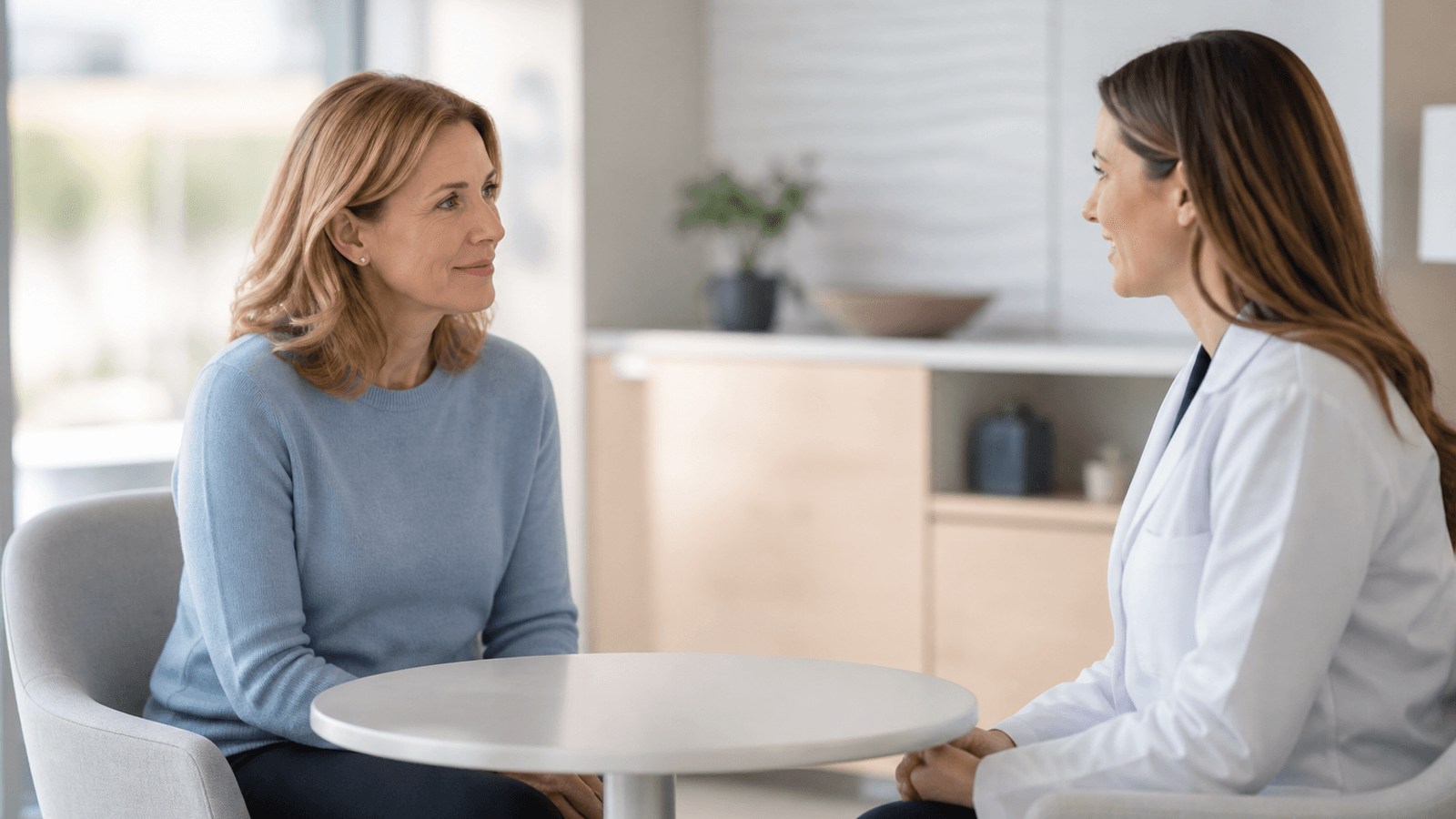 Adult speaking with an audiologist in a bright hearing-care office