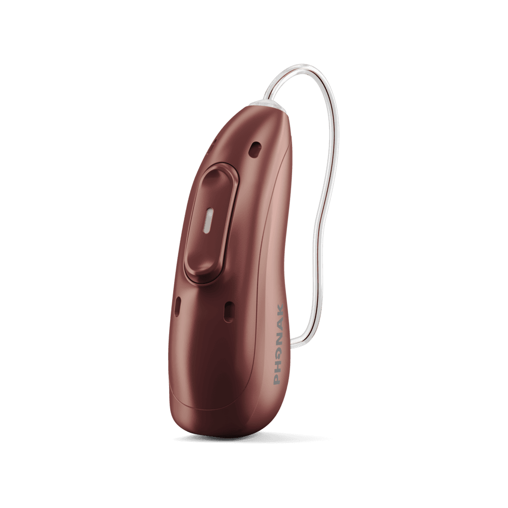 Phonak Audéo EON Sphere receiver-in-canal hearing aid in a brown finish.