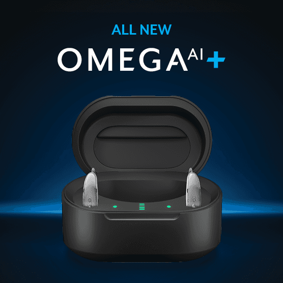 Starkey Omega AI+ hearing aids in their charging case.