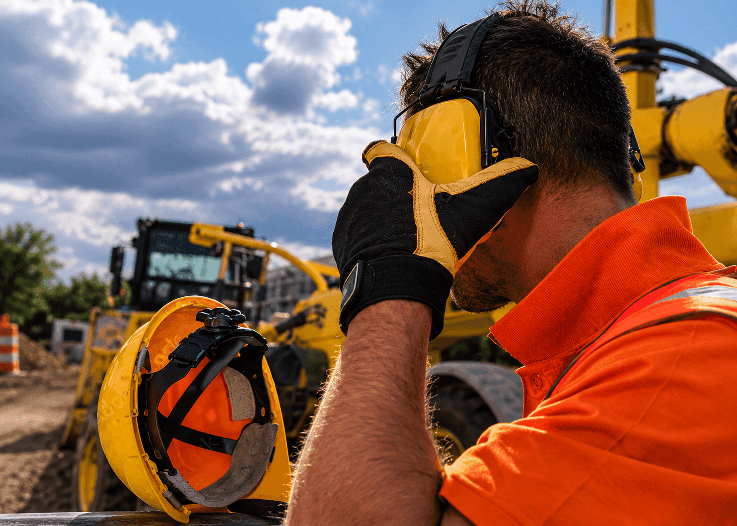 Trabajador en una obra de construcción usando protección auditiva en un entorno ruidoso