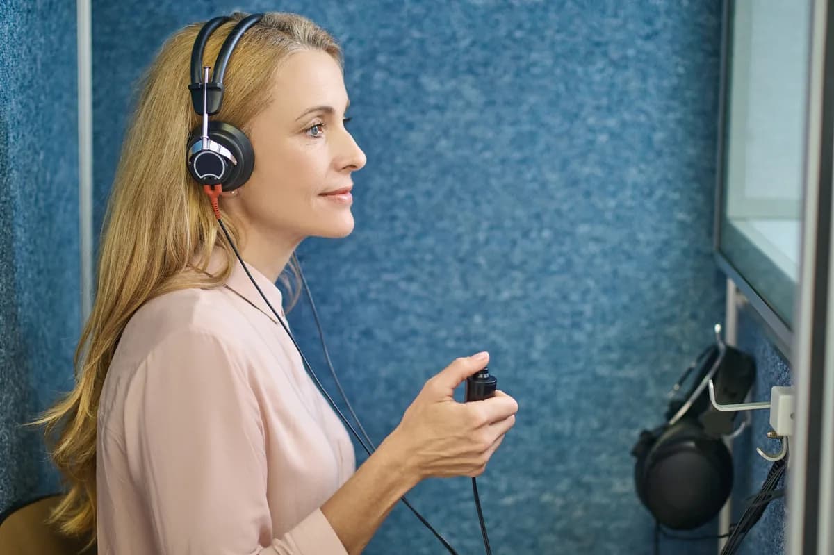 Patient reviewing hearing evaluation results with an audiologist