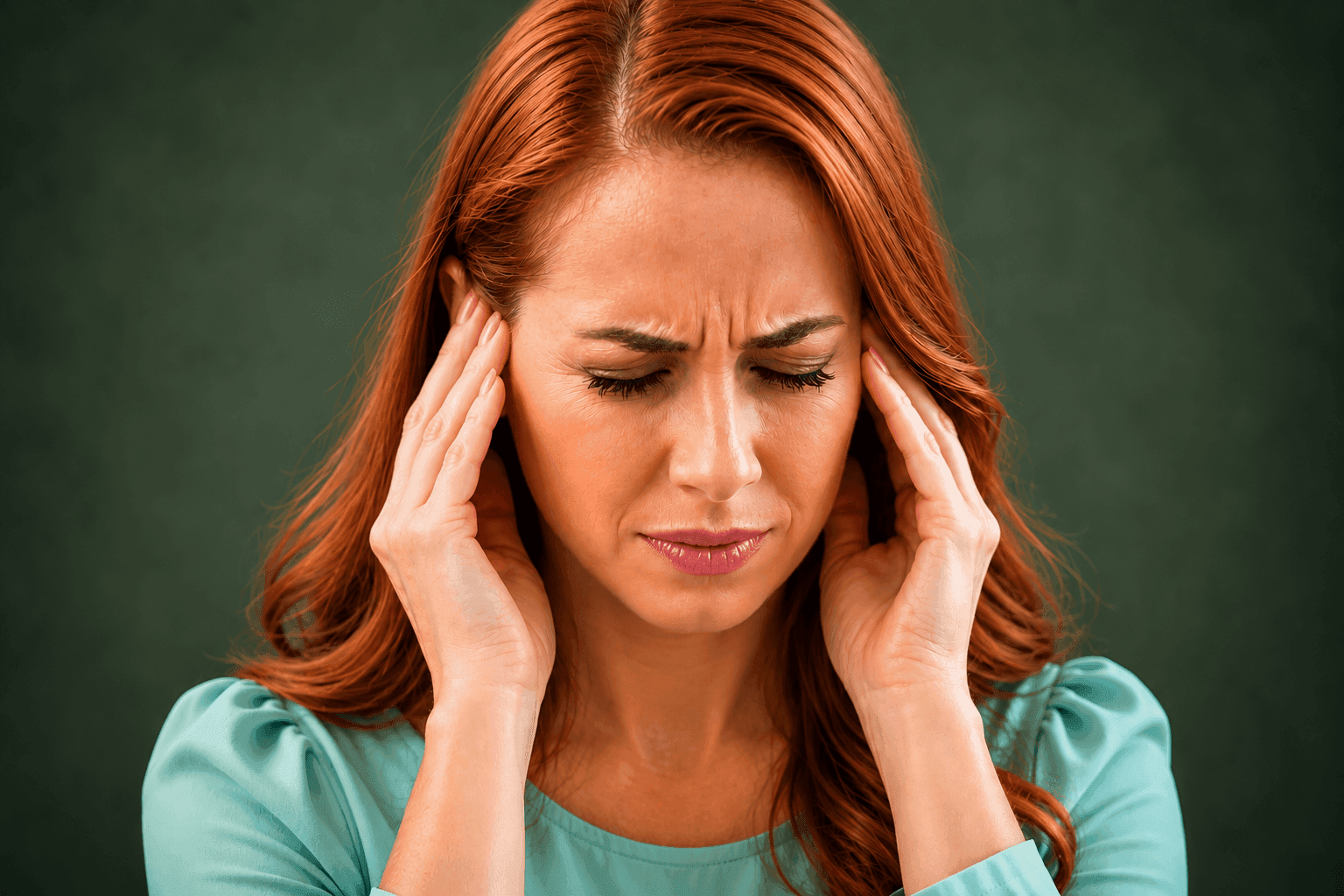 Woman experiencing tinnitus discomfort while holding her head