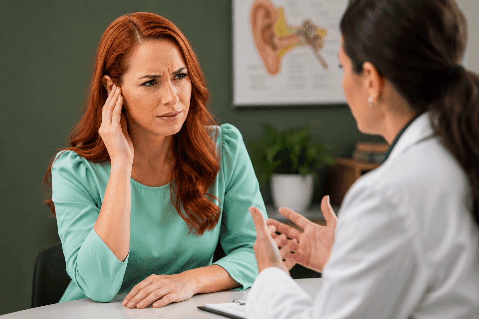 Mujer hablando con una audióloga sobre el tinnitus pulsátil
